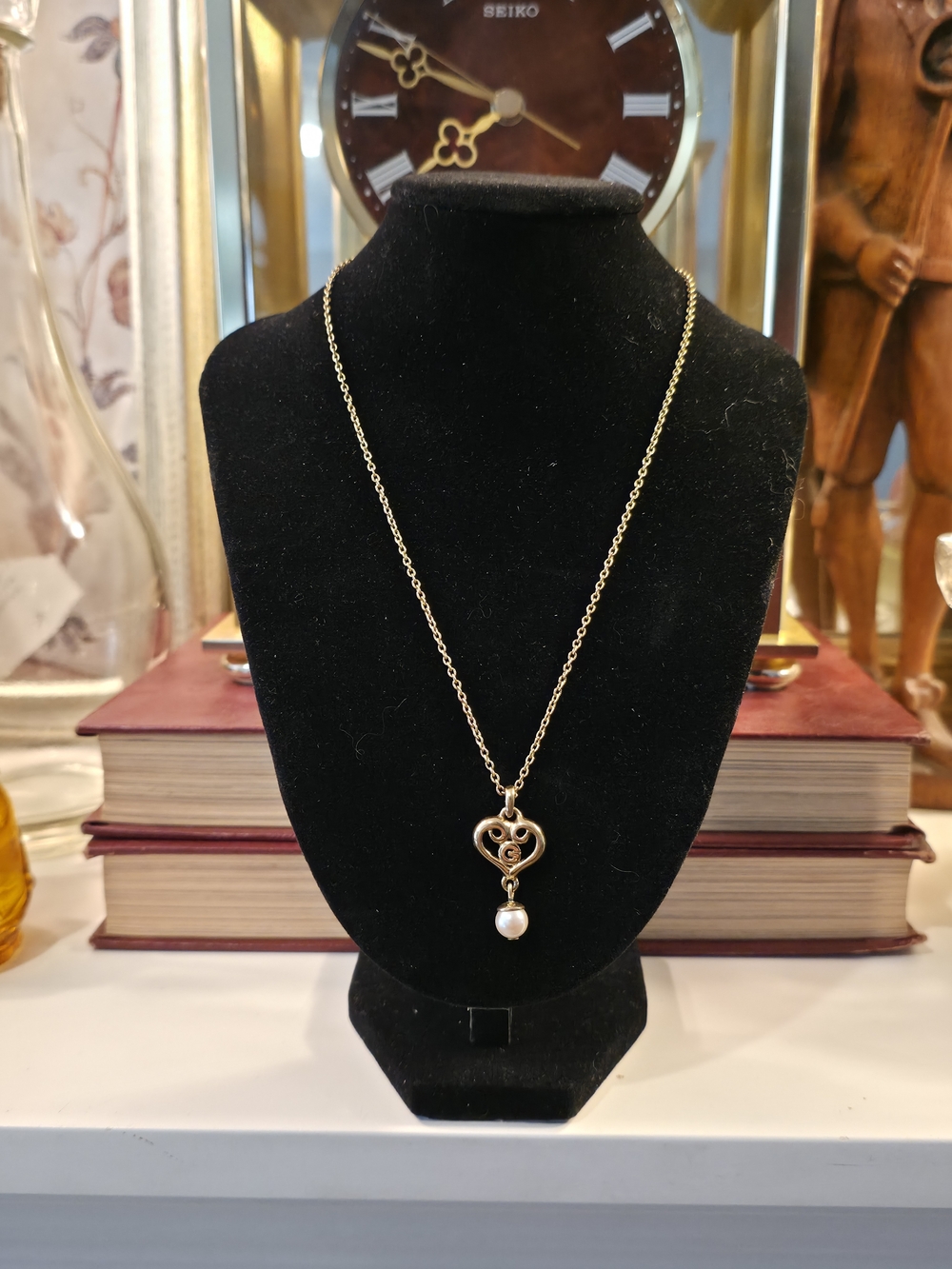 Vintage 1980s Givenchy Heart Pendant Faux Pearl Drop Necklace Signed 4G Clasp